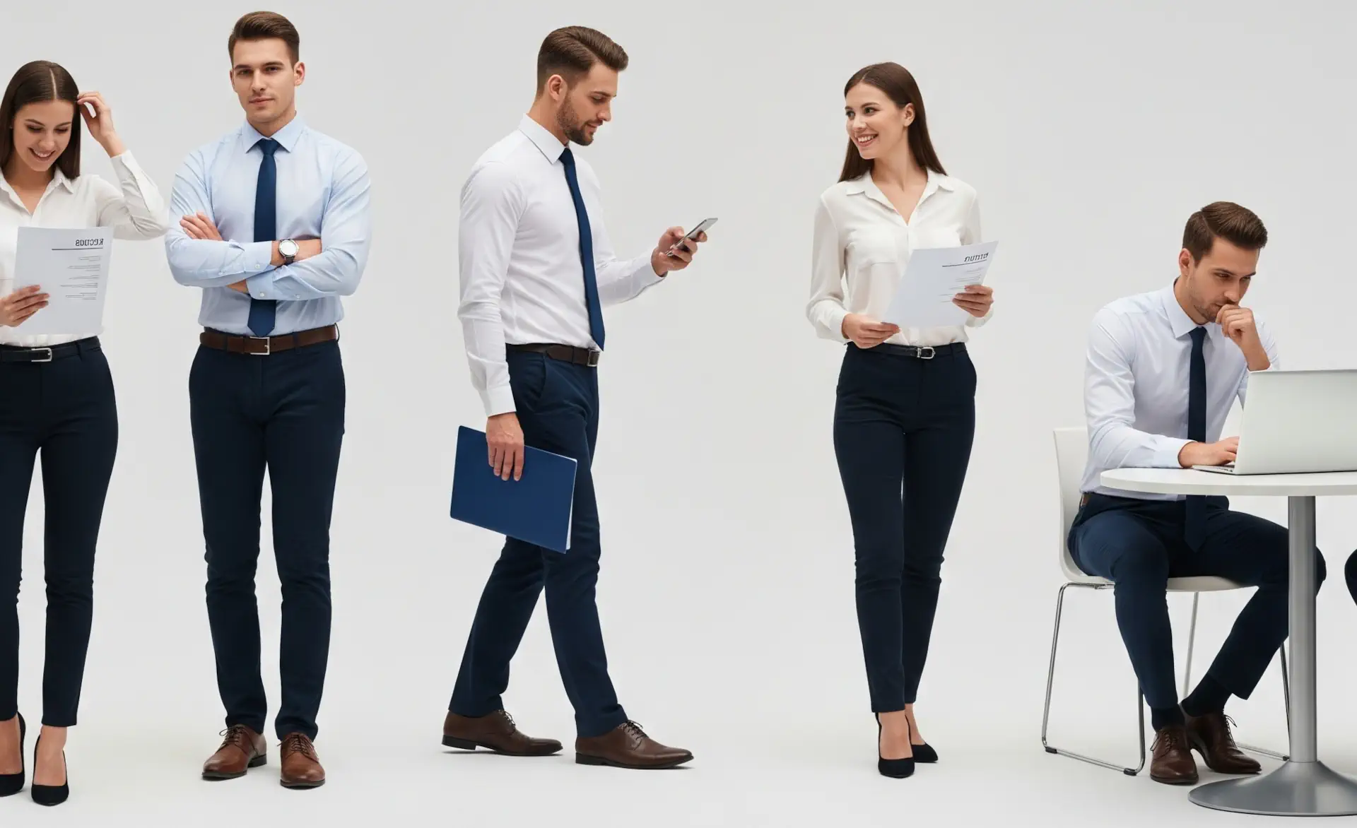 Illustration des Bewerbungsprozesses: Menschen in verschiedenen Posen zeigen die Schritte von der Bewerbung bis zum Jobantritt